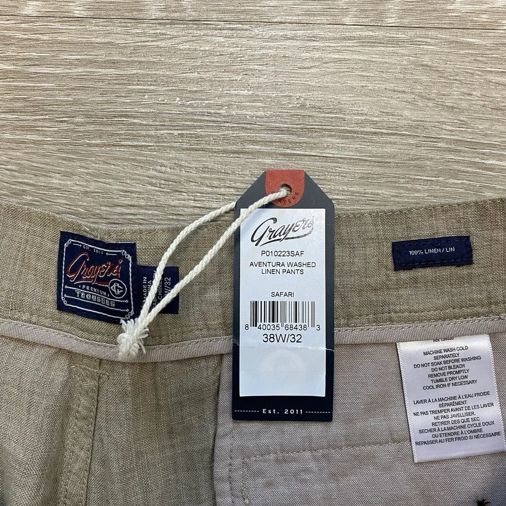 Grayers Aventura Washed Linen Safari Pants Men's 38x32 Khaki Brown NWT $155 MSRP